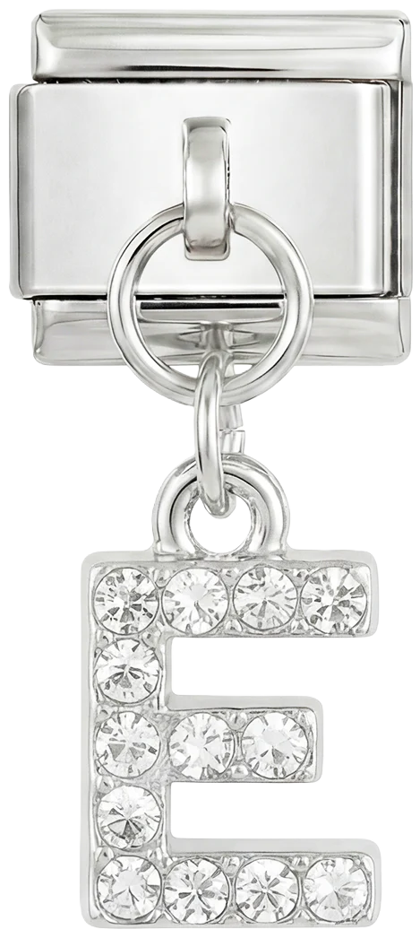 Litera E z kamieniami, wisząca, na srebrze